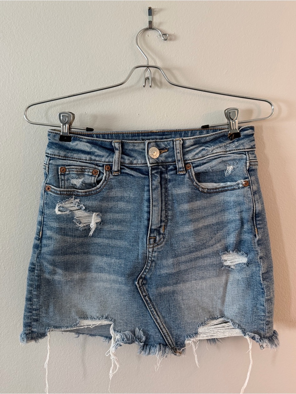American Eagle Outfitters Light Blue Distressed Denim Mini Skirt